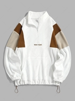 ZAFUL Fluffy Polar Fleece NEW YORK Embroidery Colorblock Half Zip Sweatshirt Xxl White