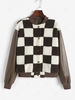 ZAFUL Fluffy PU Leather Checkerboard Bomber Jacket S Deep coffee