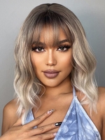 zaful Fluffy See-through Bang Brown Golden Gradient Color Shoulder Length Wavy Synthetic Wig