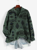 ZAFUL Front Pocket Fluffy Quarter Zip Ethnic Aztec Printed Sweatshirt M Deep green