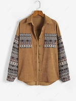 ZAFUL Front Pockets Corduroy Ethnic Jacquard Shacket L Coffee