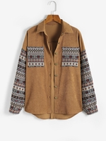 ZAFUL Front Pockets Corduroy Ethnic Jacquard Shacket S Coffee