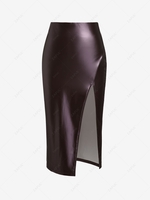 ZAFUL Front Slit PU Leather Slinky Midi Skirt S Deep red
