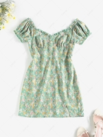 ZAFUL Front Slit Puff Sleeve Ditsy Floral Bustier Dress S Light green