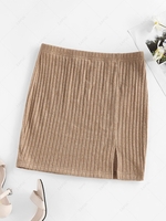 ZAFUL Front Slit Ribbed Bodycon Skirt M Camel brown