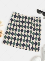 ZAFUL Front Slit Slinky Argyle Mini Skirt S Deep green