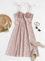 ZAFUL Front Slit Tie Shoulder Tiny Floral Dress S Light pink