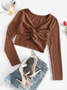 ZAFUL Front Twist Braid Pattern Crop Tee S Deep coffee