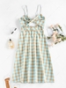 ZAFUL Front Twist Gingham Cinched Midi Dress S Light blue