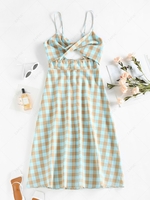 ZAFUL Front Twist Gingham Cinched Midi Dress S Light blue