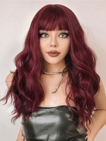 zaful Full Bang Wine Red Color Long Wavy Synthetic Wig