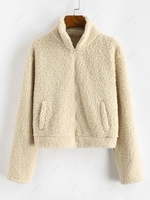 ZAFUL Full Zip Faux Pocket Faux Shearling Coat S Apricot