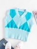 ZAFUL Fuzzy Argyle Knit V Neck Vest M Light blue