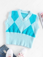 ZAFUL Fuzzy Argyle Knit V Neck Vest S Light blue