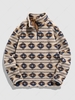 ZAFUL Fuzzy Faux Shearling Quater Zip Ethnic Print Sweatshirt Xxl Light coffee
