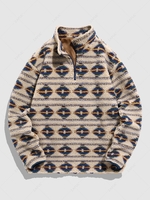 ZAFUL Fuzzy Faux Shearling Quater Zip Ethnic Print Sweatshirt Xxl Light coffee