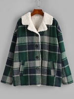 ZAFUL Fuzzy Flannel Plaid Drop Shoulder Faux Shearling Lined Coat M Deep green