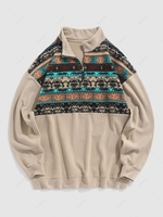 ZAFUL Geometric Ethnic Aztec Printed Quater Zip Fluffy Sweatshirt L Light coffee