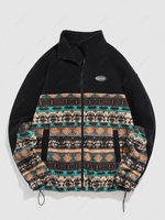 ZAFUL Geometric Ethnic Aztec Printed Zipper Fly Fluffy Jacket S Black