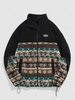 ZAFUL Geometric Ethnic Aztec Printed Zipper Fly Fluffy Jacket Xl Black