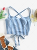 ZAFUL Gingham Criss Cross Lace Up Cami Top L Blue