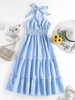 ZAFUL Gingham Cross Smocked Tiered Midi Dress M Light blue