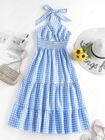 ZAFUL Gingham Cross Smocked Tiered Midi Dress S Light blue