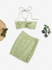 ZAFUL Gingham Floral Halter Slit Bodycon Skirt S Light green
