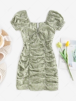 ZAFUL Gingham Floral Puff Sleeve Ruched Dress M Green