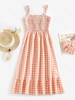 ZAFUL Gingham Flounce Shirred Midi Dress M Light orange