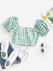 ZAFUL Gingham Puff Sleeve Backless Lace Up Blouse Xl Light green