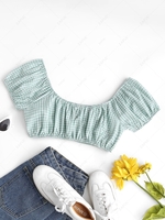 ZAFUL Gingham Puff Sleeve Cropped Blouse S Light green
