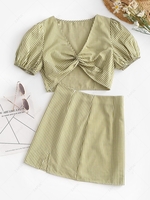 ZAFUL Gingham Puff Sleeve Front Twist Two Piece Skirt Set M Light green