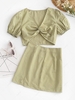 ZAFUL Gingham Puff Sleeve Front Twist Two Piece Skirt Set S Light green