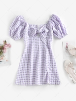 ZAFUL Gingham Puff Sleeve Milkmaid Slit Dress S Light purple
