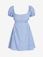 ZAFUL Gingham Puff Sleeve Open Back Mini Dress L Blue