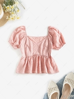 ZAFUL Gingham Puff Sleeve Peplum Blouse Xl Light pink