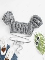 ZAFUL Gingham Puff Sleeve Smocked Crop Blouse M Black