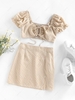 ZAFUL Gingham Puff Sleeve Smocked Two Piece Skirt Set L Light coffee