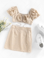 ZAFUL Gingham Puff Sleeve Smocked Two Piece Skirt Set S Light coffee