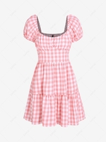 ZAFUL Gingham Puff Sleeve Tiered Dress M Light pink