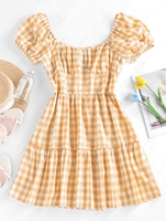 ZAFUL Gingham Puff Sleeve Tiered Dress S Yellow