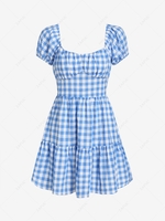 ZAFUL Gingham Puff Sleeve Tiered Dress Xl Light blue