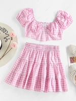ZAFUL Gingham Puff Sleeve Zip Tiered Two Piece Skirt Set S Light pink