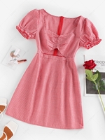 ZAFUL Gingham Ruched Puff Sleeve Hollow Out Dress Xl Light pink