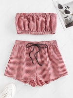 ZAFUL Gingham Ruched Tube Top and Drawstring Shorts Set M Deep red