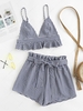 ZAFUL Gingham Ruffle Paperbag Waist Shorts Set S Deep blue
