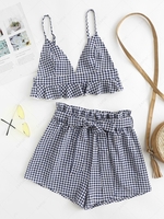 ZAFUL Gingham Ruffle Paperbag Waist Shorts Set S Deep blue