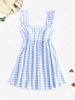 ZAFUL Gingham Ruffle Square Neck Smock Dress M Light blue