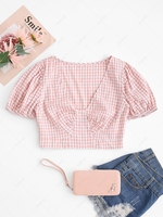 ZAFUL Gingham Seersucker Puff Sleeve Crop Top M Light pink